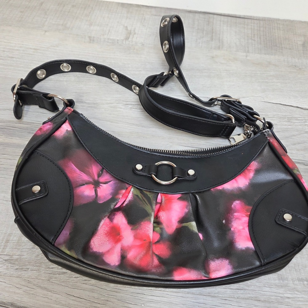 Floral Hobo Shoulder Bag Pink Black Y2K Chrome Grommet Buckle Strap Faux Leather